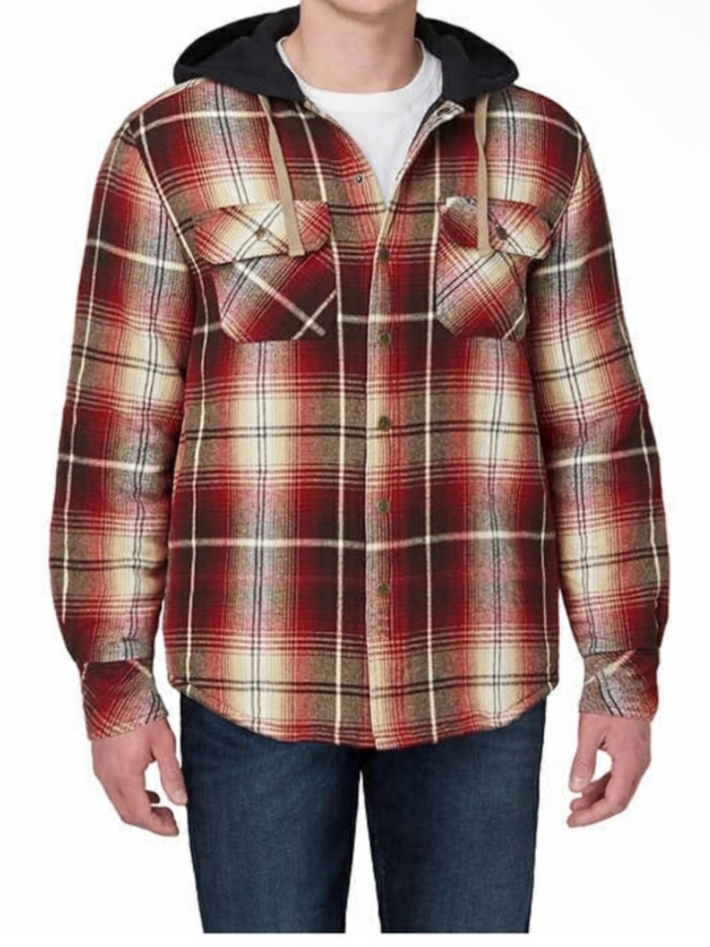 Legendary Whitetails Red Brown Plaid Hooded Flannel Snap Shirt Shacket L